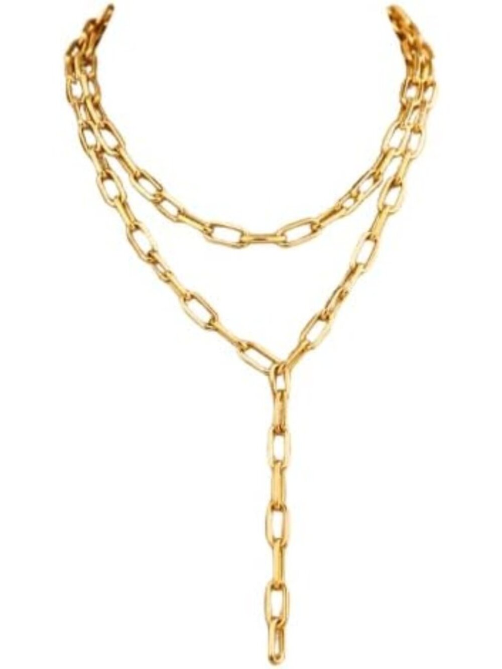 Gold Double Layer Paperclip Lariat Necklace - Stainless Steel Women's Chain